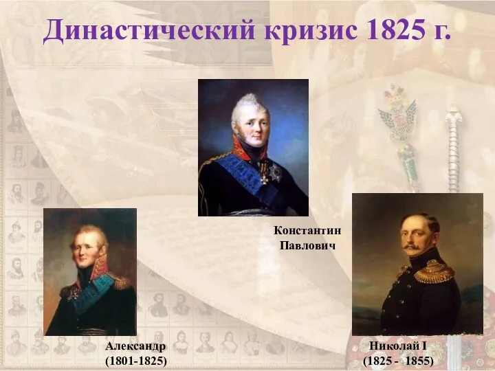 Династический кризис 1825 г. Константин Павлович Александр (1801-1825) Николай Ι (1825 - 1855)