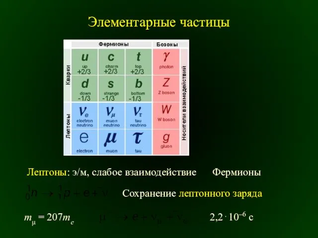 Элементарные частицы Сохранение лептонного заряда Лептоны: э/м, слабое взаимодействие mμ = 207me 2,2⋅10–6 c Фермионы