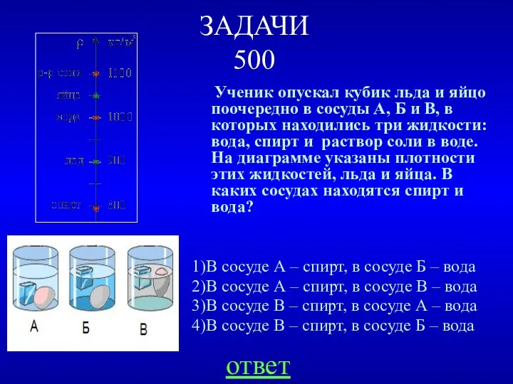 ЗАДАЧИ 500 Ученик опускал кубик льда и яйцо поочередно в