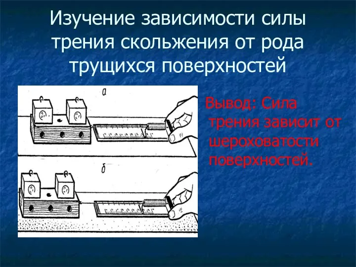 Изучение зависимости силы трения скольжения от рода трущихся поверхностей Вывод: Сила трения зависит от шероховатости поверхностей.