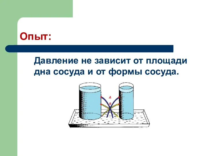 Опыт: Давление не зависит от площади дна сосуда и от формы сосуда.