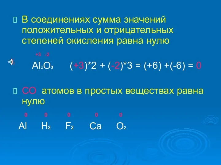 В соединениях сумма значений положительных и отрицательных степеней окисления равна