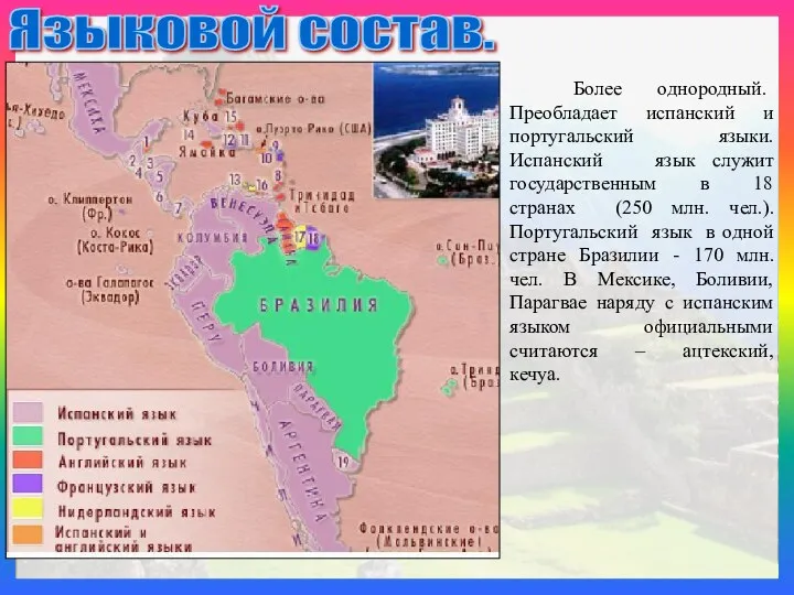 Языковой состав. Более однородный. Преобладает испанский и португальский языки. Испанский