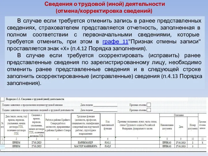 Сведения о трудовой (иной) деятельности (отмена/корректировка сведений) В случае если