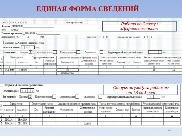 ЕДИНАЯ ФОРМА СВЕДЕНИЙ Работа по Списку I «Дефектоскопист» Отпуск по