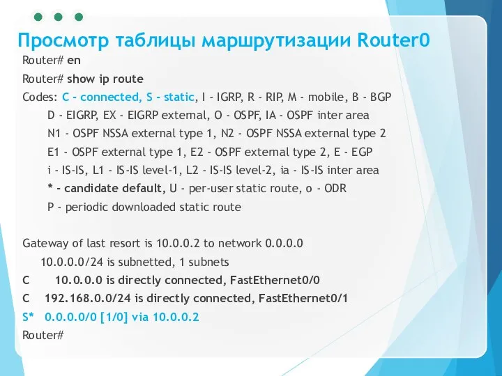 Просмотр таблицы маршрутизации Router0 Router# en Router# show ip route