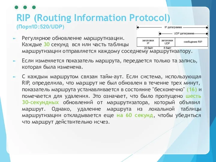 RIP (Routing Information Protocol) (Порт/ID:520/UDP) Регулярное обновление маршрутизации. Каждые 30 секунд вся или