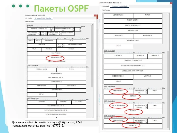 Пакеты OSPF Для того чтобы обозначить недоступную сеть, OSPF использует метрику равную 16777215.