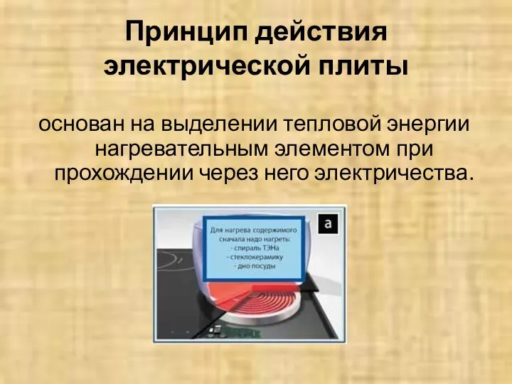 Принцип действия электрической плиты основан на выделении тепловой энергии нагревательным элементом при прохождении через него электричества.