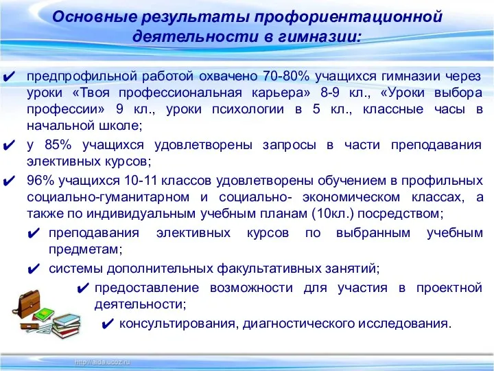 предпрофильной работой охвачено 70-80% учащихся гимназии через уроки «Твоя профессиональная