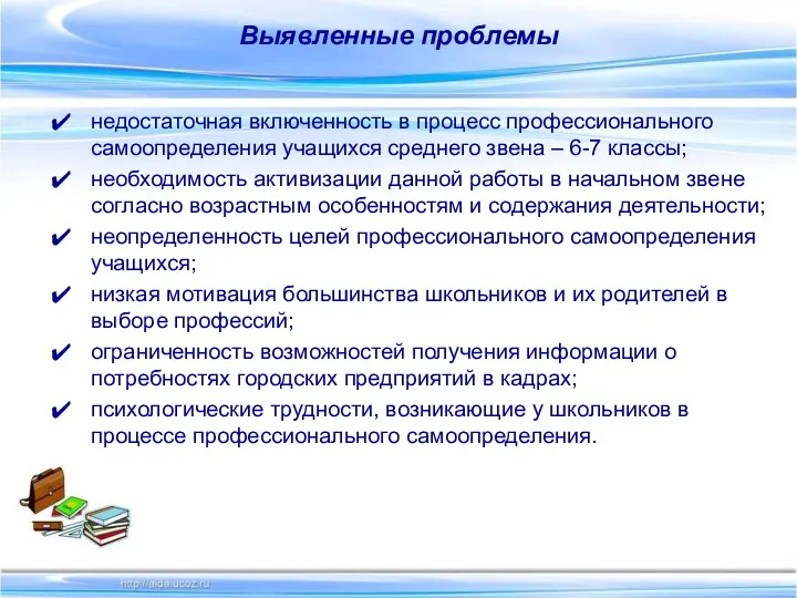 Выявленные проблемы недостаточная включенность в процесс профессионального самоопределения учащихся среднего