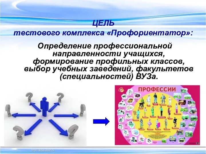 ЦЕЛЬ тестового комплекса «Профориентатор»: Определение профессиональной направленности учащихся, формирование профильных