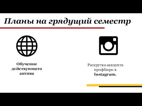 Планы на грядущий семестр Раскрутка аккаунта профбюро в Instagram. Обучение действующего актива