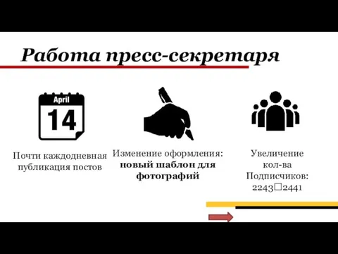 Работа пресс-секретаря Увеличение кол-ва Подписчиков: 2243?2441 Изменение оформления: новый шаблон для фотографий Почти каждодневная публикация постов