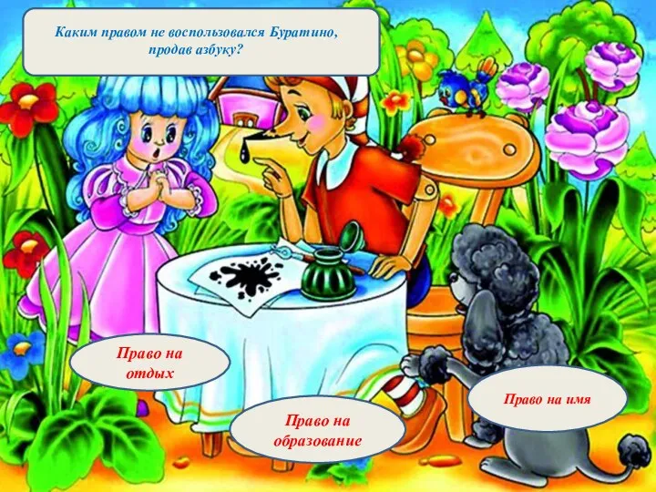 Каким правом не воспользовался Буратино, продав азбуку? Право на отдых Право на образование Право на имя