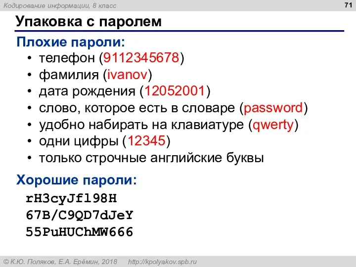 Упаковка с паролем Плохие пароли: телефон (9112345678) фамилия (ivanov) дата