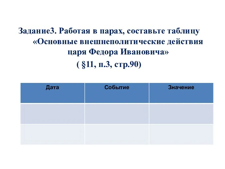 Задание3. Работая в парах, составьте таблицу «Основные внешнеполитические действия царя Федора Ивановича» ( §11, п.3, стр.90)