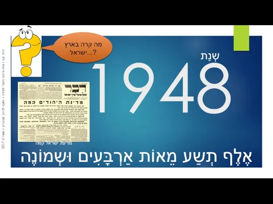 1948 שְנַת מדינת ישראל קמה אֶלֶף תְשַע מֵאוֹת אַרְבָּעִים וּשְמוֹנֶה מה קרה בארץ ישראל...?