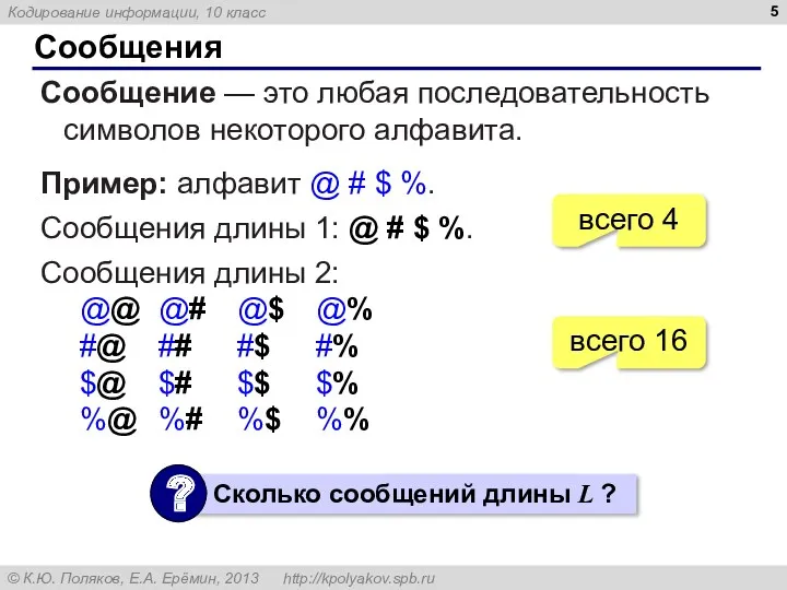 Сообщения Сообщение — это любая последовательность символов некоторого алфавита. Пример: