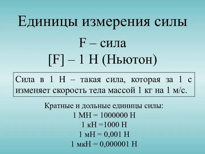 Единицы измерения силы F – сила [F] – 1 Н