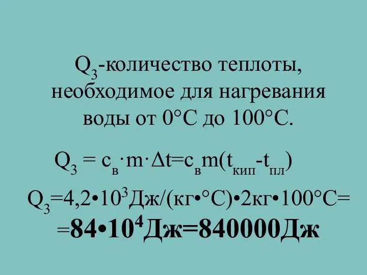 Q3-количество теплоты, необходимое для нагревания воды от 0°C до 100°C. Q3=4,2•103Дж/(кг•°C)•2кг•100°C= =84•104Дж=840000Дж Q3 = cв·m·Δt=свm(tкип-tпл)