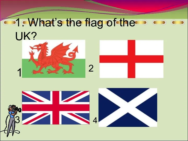 1. What’s the flag of the UK? 1 2 3 4