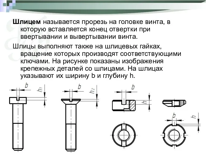 Шлицем называется прорезь на головке винта, в которую вставляется конец