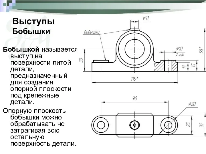 Выступы Бобышки Бобышкой называется выступ на поверхности литой детали, предназначенный