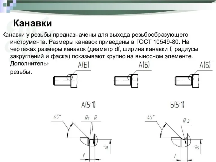 Канавки Канавки у резьбы предназначены для выхода резьбообразующего инструмента. Размеры