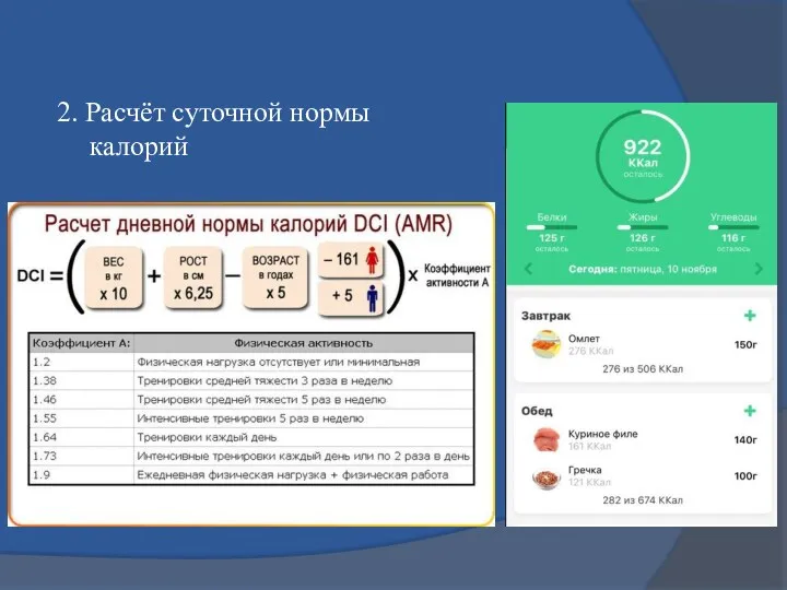 2. Расчёт суточной нормы калорий