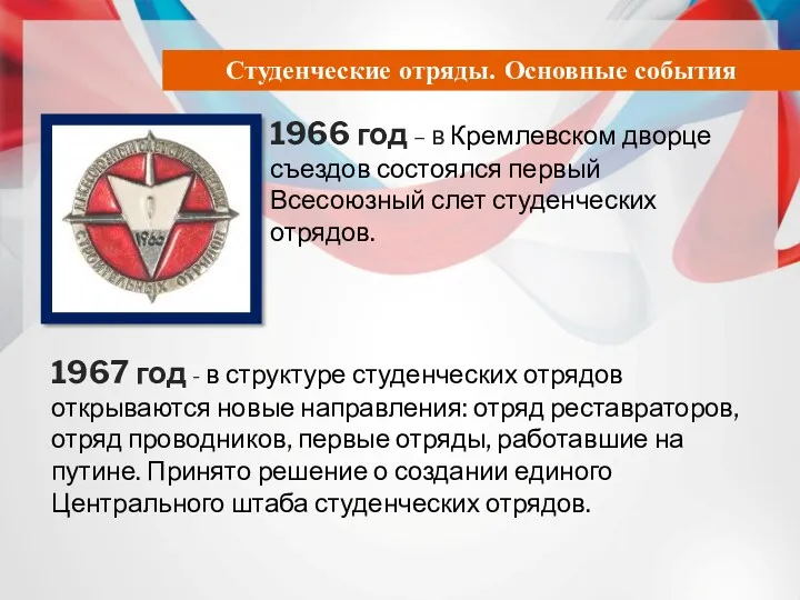 1966 год – в Кремлевском дворце съездов состоялся первый Всесоюзный слет студенческих отрядов.