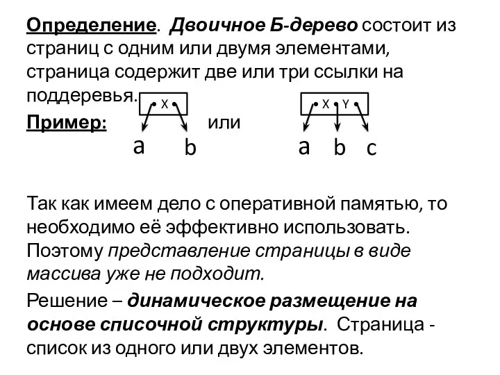 Определение. Двоичное Б-дерево состоит из страниц с одним или двумя элементами, страница содержит