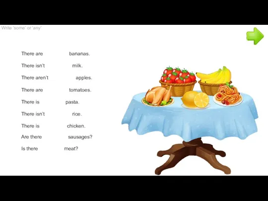 Write ‘some’ or ‘any’ There are bananas. There isn’t milk.