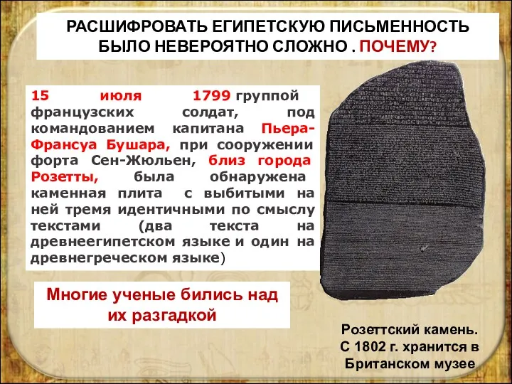 РАСШИФРОВАТЬ ЕГИПЕТСКУЮ ПИСЬМЕННОСТЬ БЫЛО НЕВЕРОЯТНО СЛОЖНО . ПОЧЕМУ? 15 июля 1799 группой французских