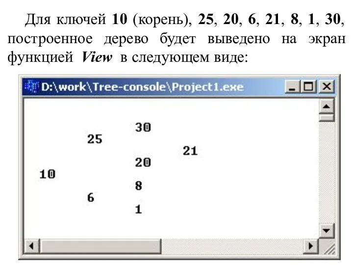 Для ключей 10 (корень), 25, 20, 6, 21, 8, 1, 30, построенное дерево