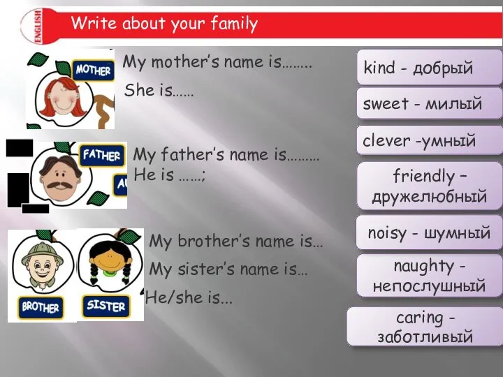 My brother’s name is… My sister’s name is… He/she is...