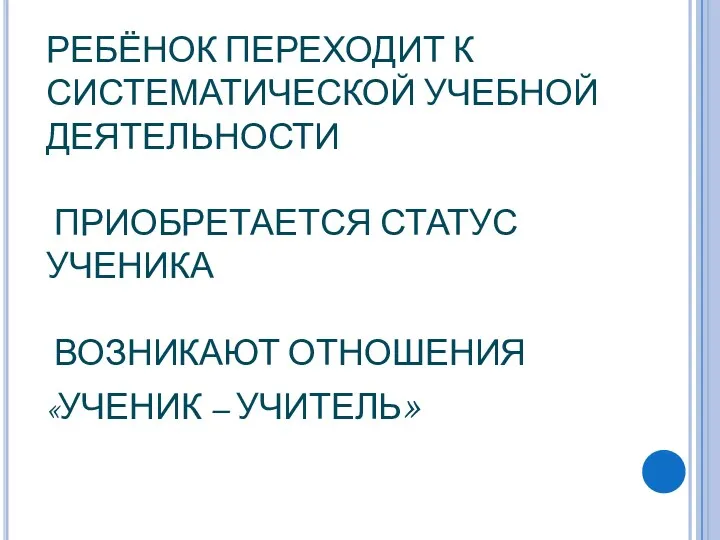 РЕБЁНОК ПЕРЕХОДИТ К СИСТЕМАТИЧЕСКОЙ УЧЕБНОЙ ДЕЯТЕЛЬНОСТИ ПРИОБРЕТАЕТСЯ СТАТУС УЧЕНИКА ВОЗНИКАЮТ ОТНОШЕНИЯ «УЧЕНИК – УЧИТЕЛЬ»