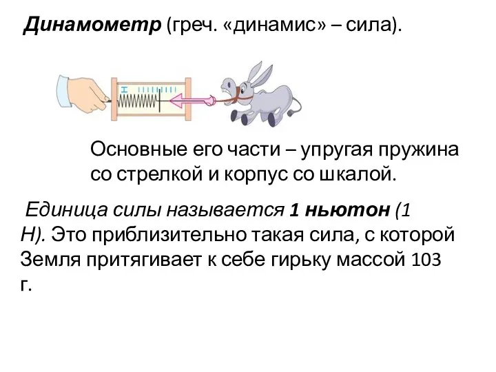 Динамометр (греч. «динамис» – сила). Основные его части – упругая