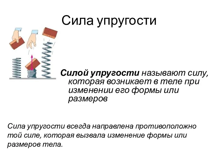 Сила упругости Силой упругости называют силу, которая возникает в теле