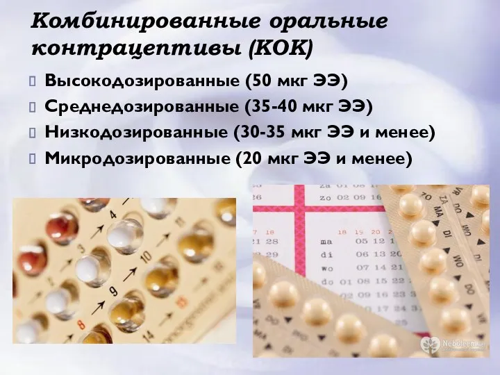 Комбинированные оральные контрацептивы (КОК) Высокодозированные (50 мкг ЭЭ) Среднедозированные (35-40 мкг ЭЭ) Низкодозированные