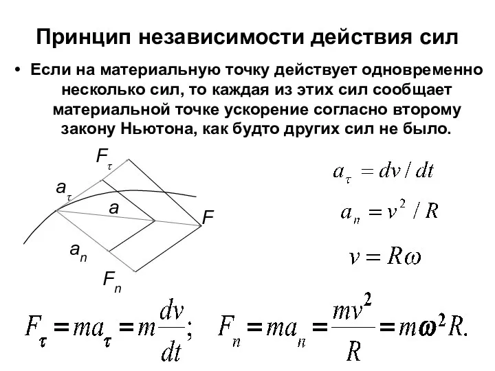 Принцип независимости действия сил Если на материальную точку действует одновременно