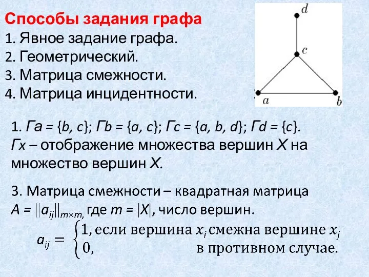 Способы задания графа 1. Явное задание графа. 2. Геометрический. 3.