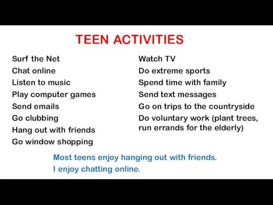 TEEN ACTIVITIES Surf the Net Chat online Listen to music