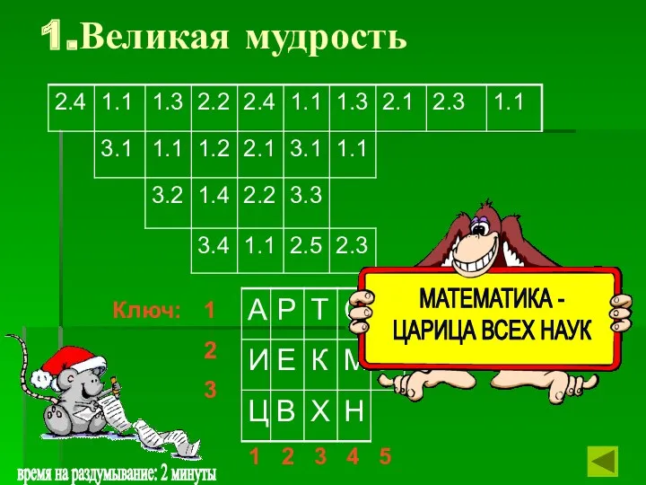 Ключ: 1 2 3 1 2 3 4 5 время на раздумывание: 2 минуты 1.Великая мудрость