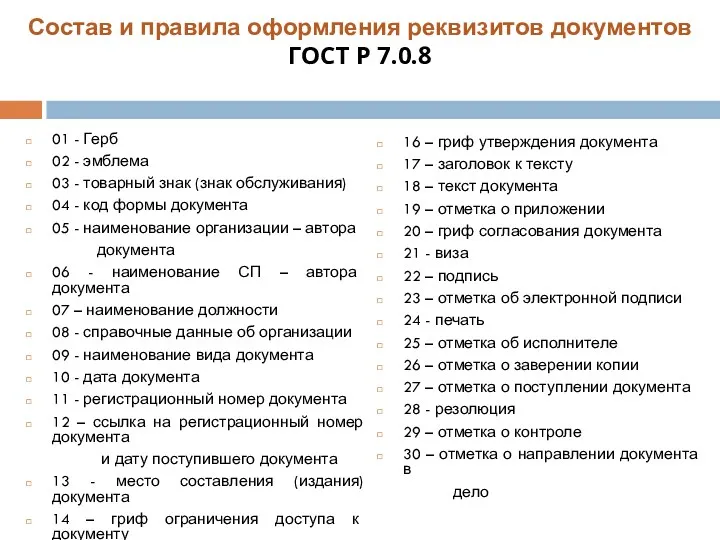 Состав и правила оформления реквизитов документов ГОСТ Р 7.0.8 01