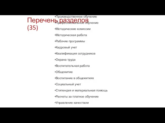 Перечень разделов (35) Привлечение абитуриентов Приемная комиссия Отделение Успеваемость Посещаемость