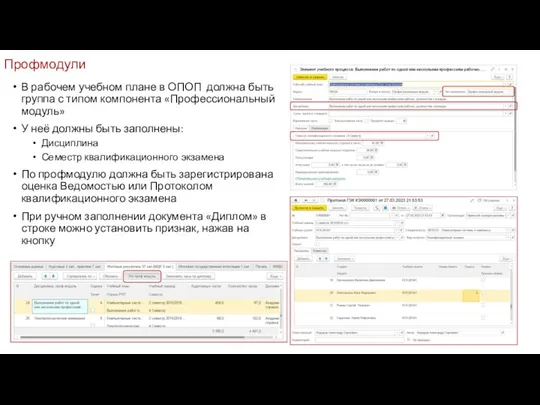 Профмодули В рабочем учебном плане в ОПОП должна быть группа