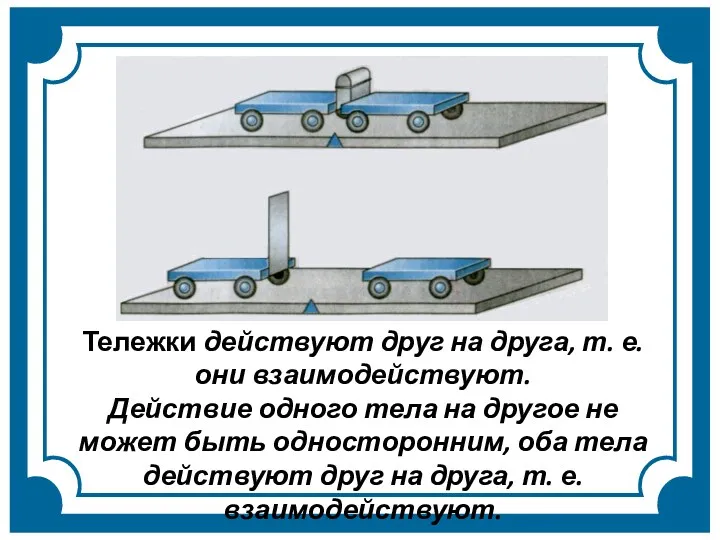 Тележки действуют друг на друга, т. е. они взаимодействуют. Действие