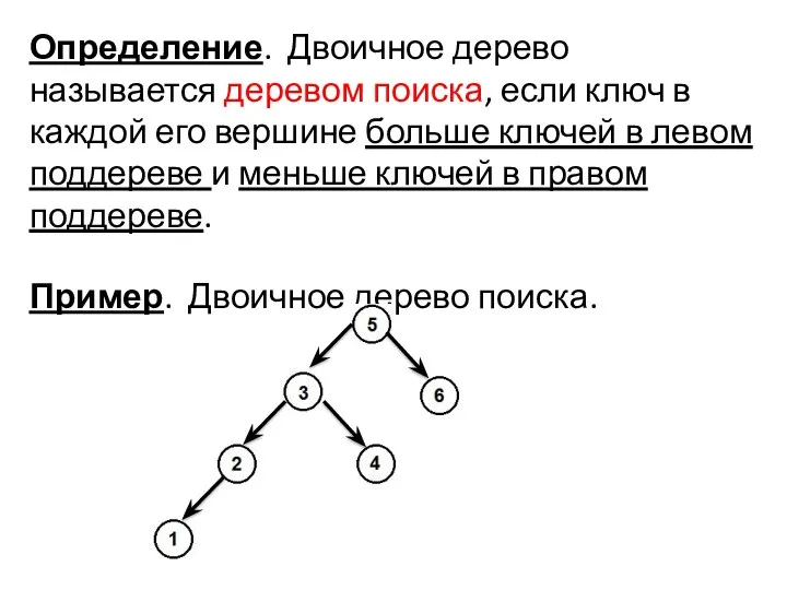 Определение. Двоичное дерево называется деревом поиска, если ключ в каждой