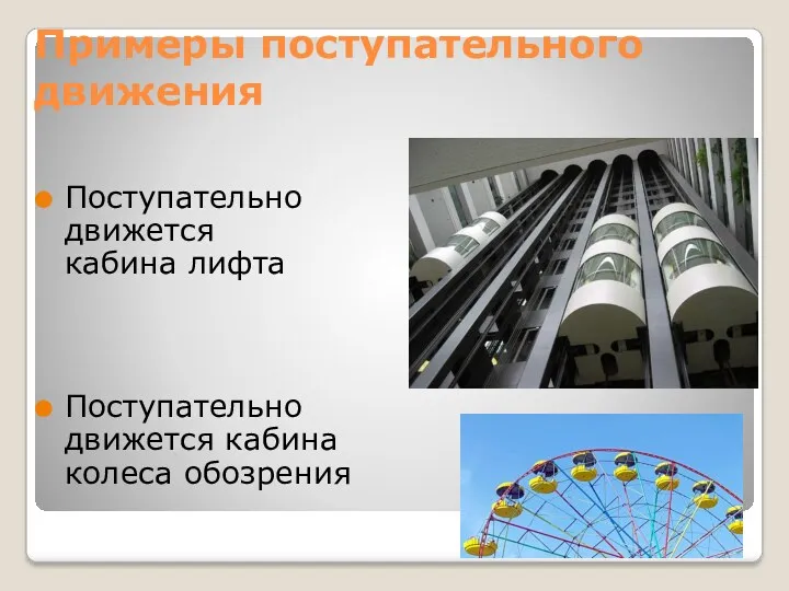 Примеры поступательного движения Поступательно движется кабина лифта Поступательно движется кабина колеса обозрения